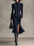 Retro Navy Pinstripe High-Neck Front Slit Midi Dress with Metallic Buttons