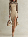 Beige Leopard-Print Long Sleeve Front Slit Midi Dress with Gold-Tone Buttons