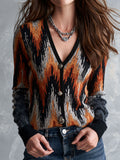Vintage Abstract Pattern V-Neck Button-Front Knit Cardigan