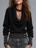 Boho Black Cowl Neck Button Accents Sweater With Striped Trim