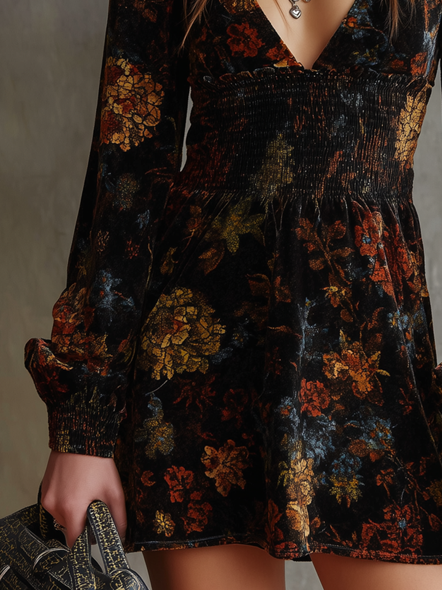 Retro Floral Print Pleated Waist Velvet Mini Dress