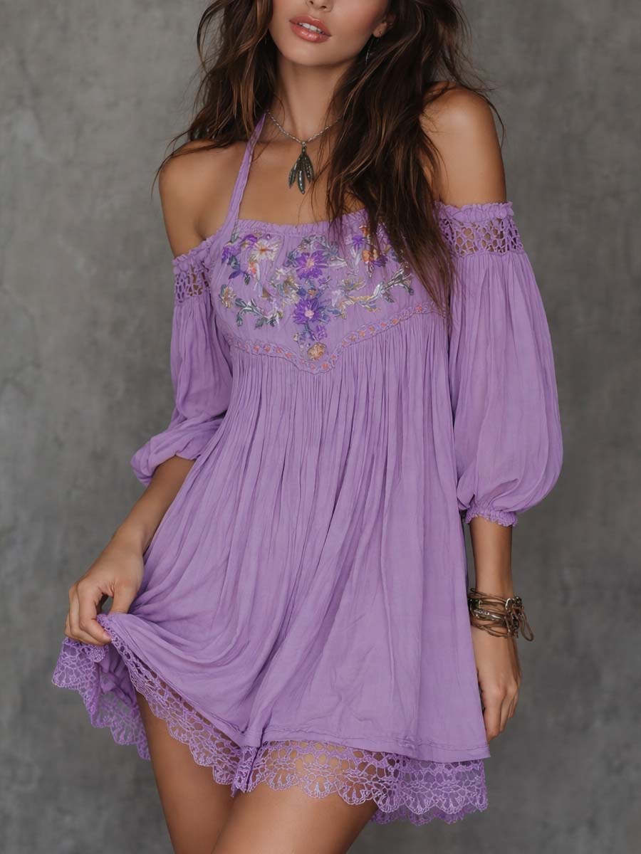 Vintage Softness Embroidered Off-Shoulder Mini Dress