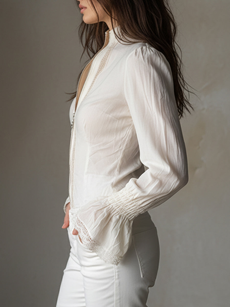 Bohemian Zip Front Lace Trim Bell Sleeves Cotton Blend Blouse