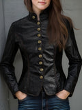 Retro Stand Collar Metal Button Pu Jacket