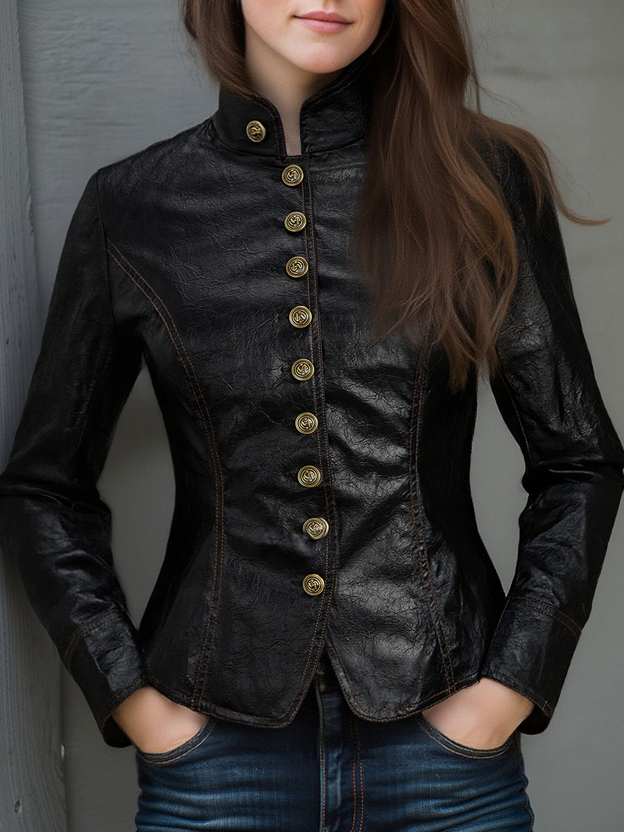 Retro Stand Collar Metal Button Pu Jacket