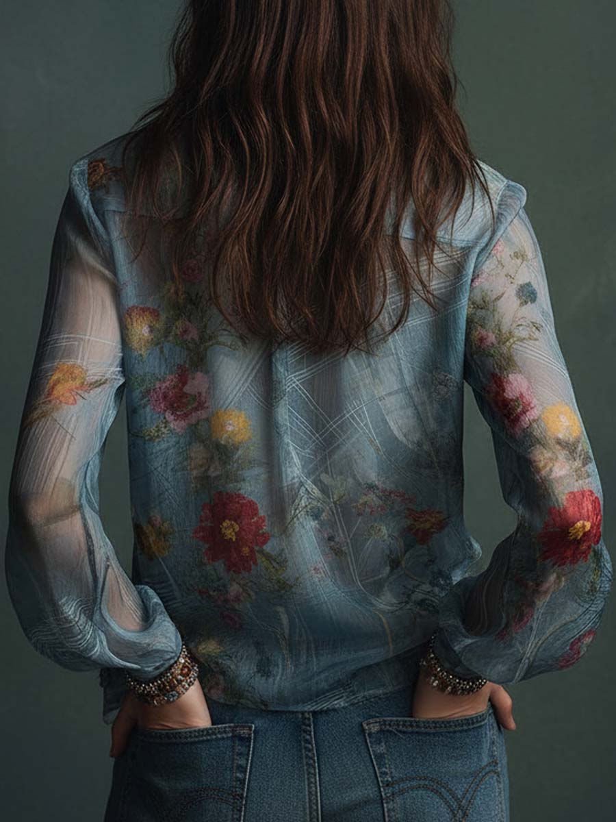 Vintage Boho Sheer Floral Button-Up Blouse