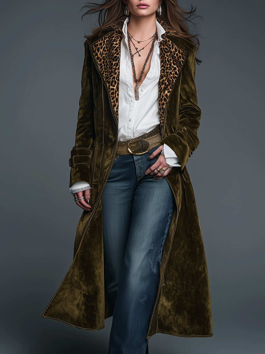Boho Luxe Olive Velvet Leopard Lapel Long Coat