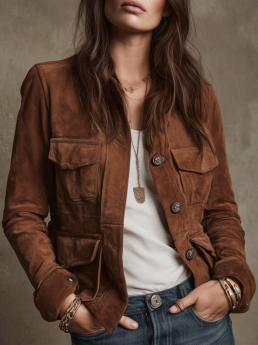 Vintage Brown Suede Utility Jacket
