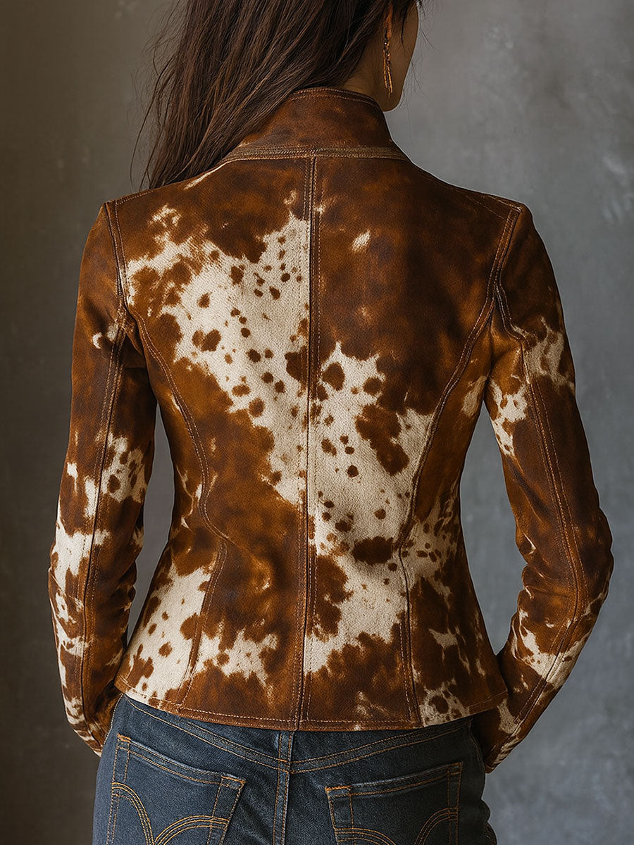 Vintage Stand Collar Suede Cow Print Slim Jacket