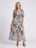 Eulalie | V Neck Short Sleeve Gathered Waist Midi Dress
