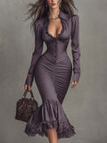 Dusty Mauve Lace-Trim Ruched Midi Dress