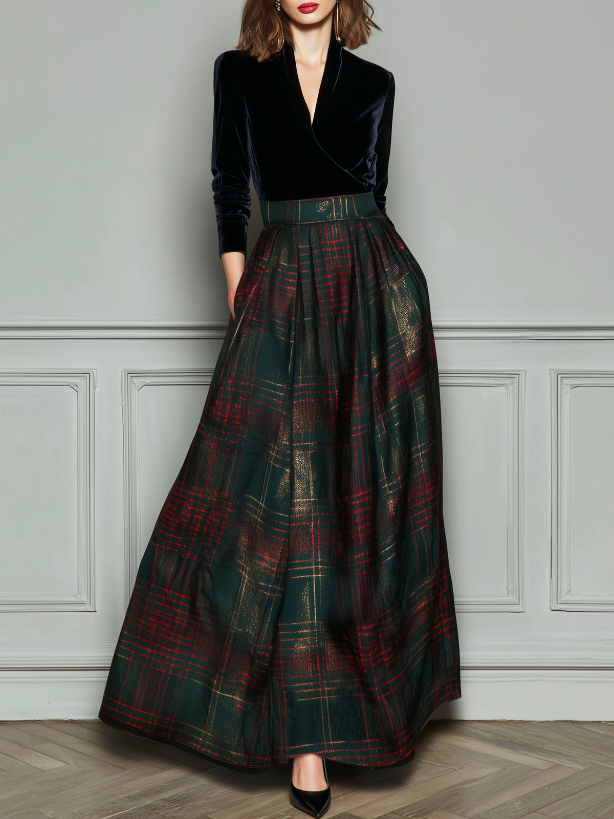 Elegant High Waist Velvet And Plaid Evening Gown With Full Skirt