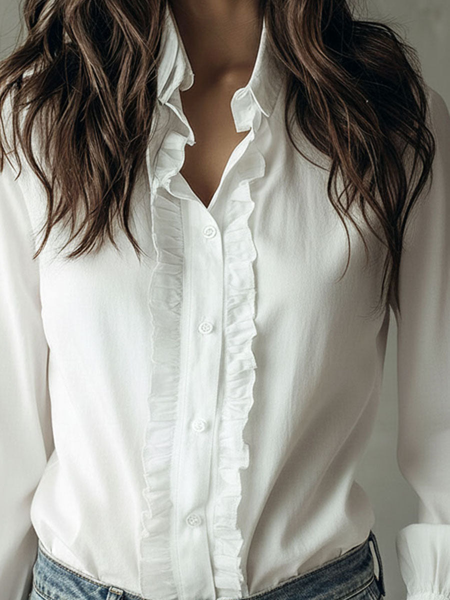 Elegant Ruffled Button-Down Long Sleeve Shirt With Flared Cuffs