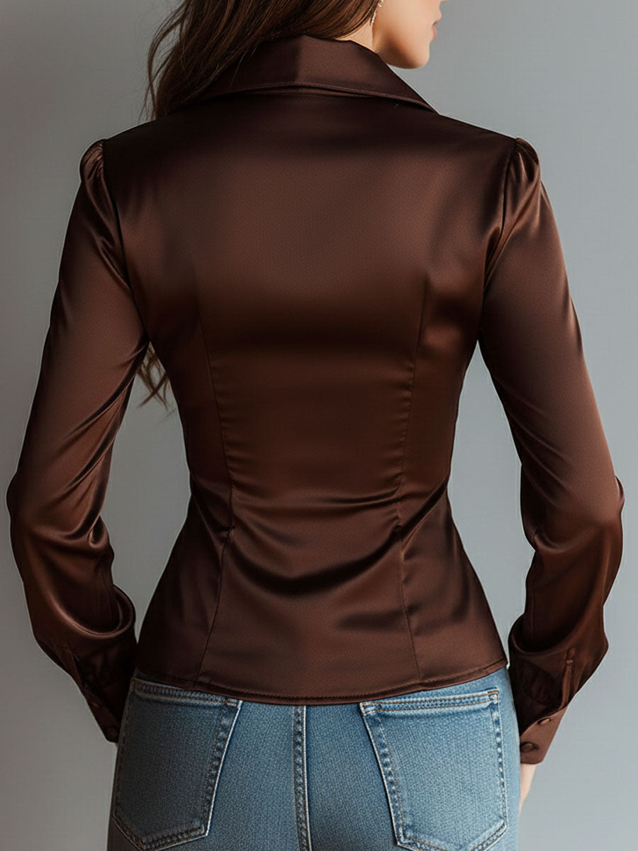 Luxe Mocha Satin Ruched Zip-Up Blouse