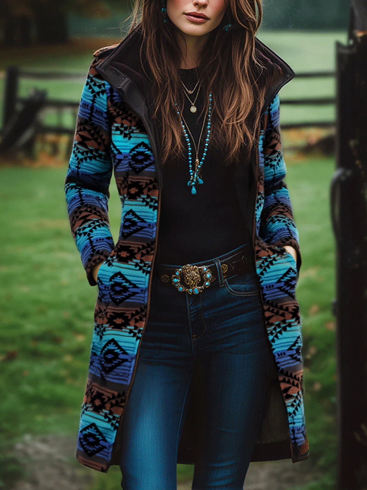 Retro Boho Longline Tribal Print Wool Long  Coat