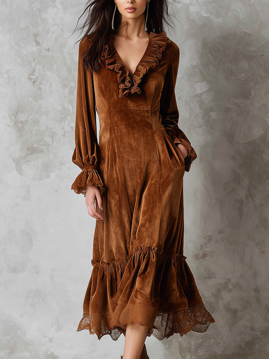 Retro Ruffle Neck Lace Trim Eco-friendly Velvet Midi Dress