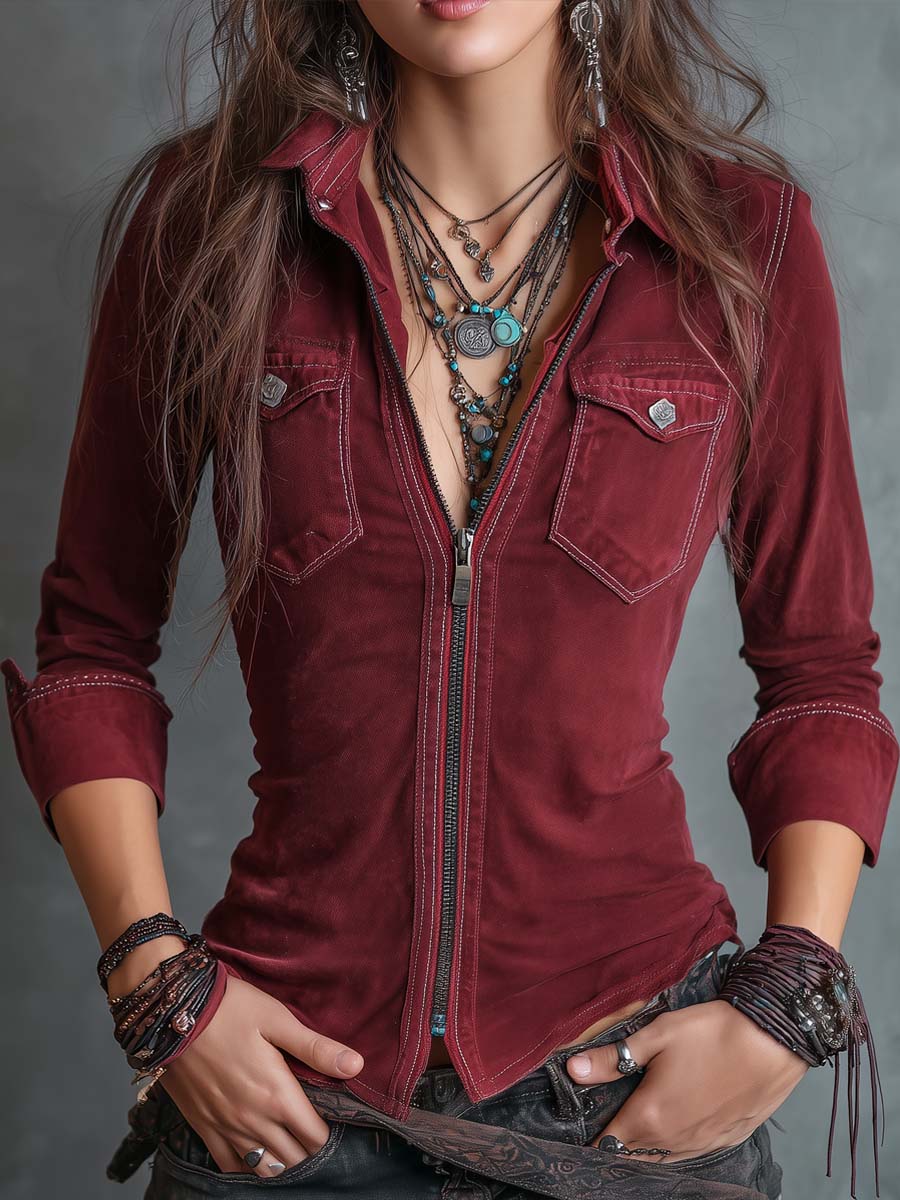 Vintage Zip-up Collar Flap Pocket Distressed Denim Shirt