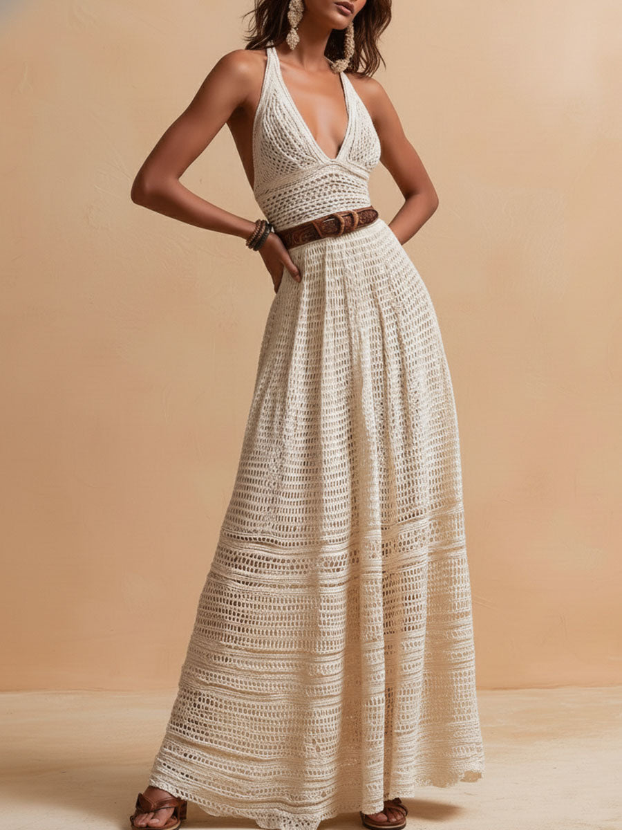 Boho Chic Ivory Crochet Halter Maxi Dress With Waist Belt