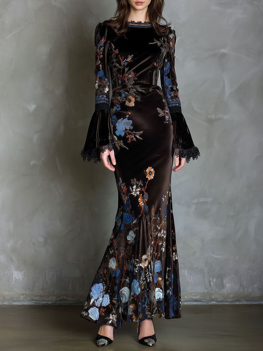 Elegance Midnight Velvet Floral Gown With Lace Trim