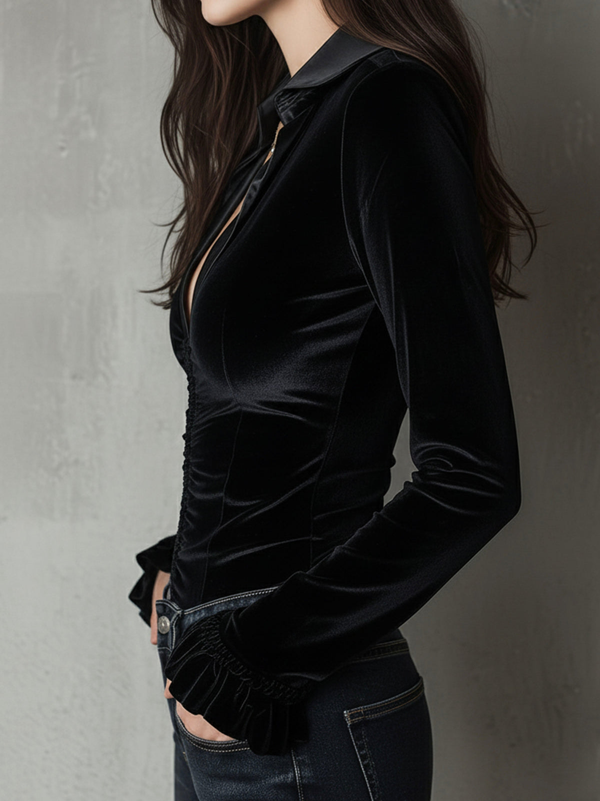 Chic Black Velvet Deep V Fitted Ruched Blouse With Satin Trim