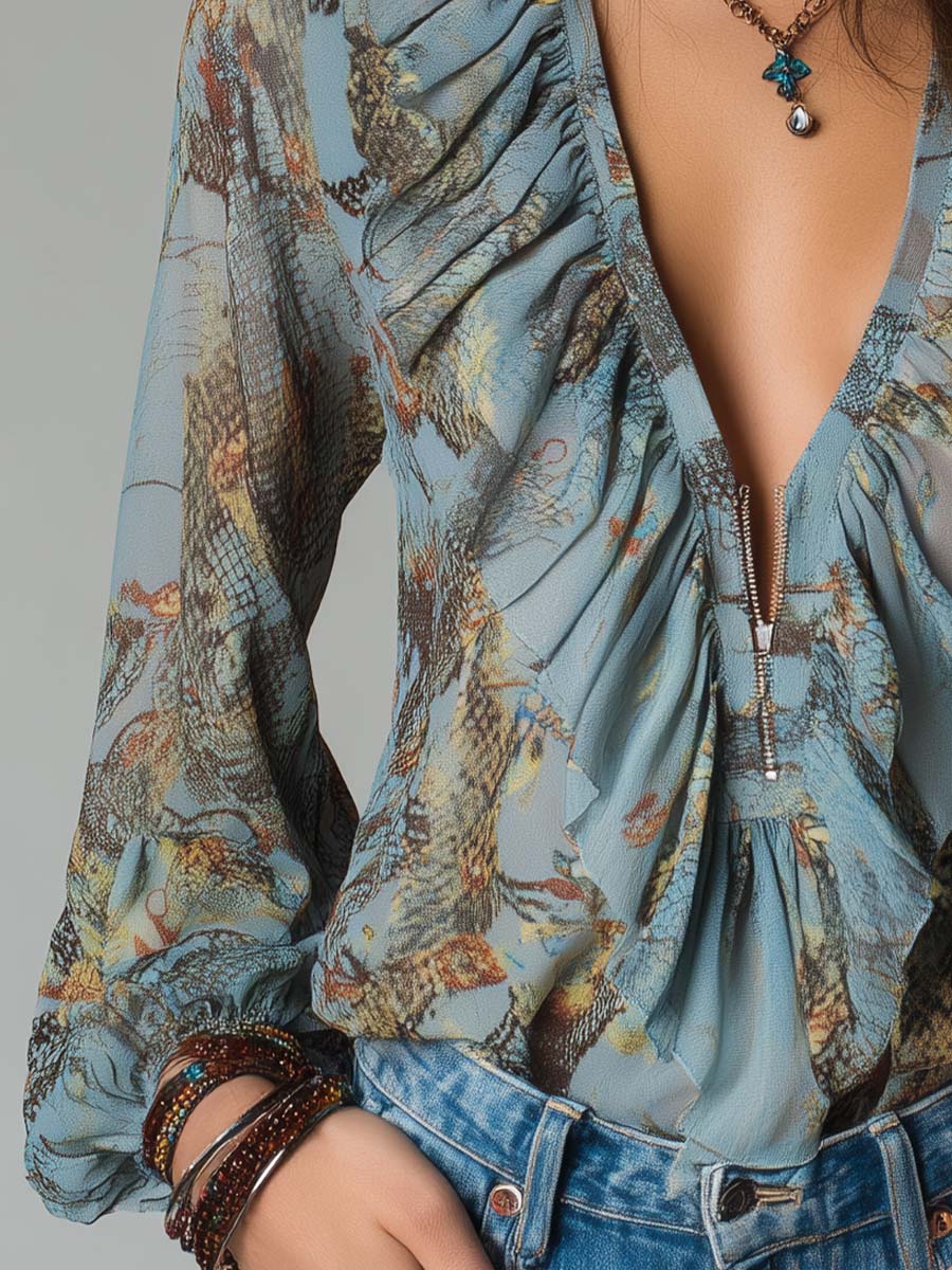Printed Ruffled Zip-Front Chiffon Blouse – Mist Blue Snake Floral