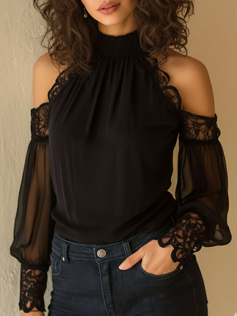 Elegant High Neck Black Chiffon Lace Cold-Shoulder Blouse
