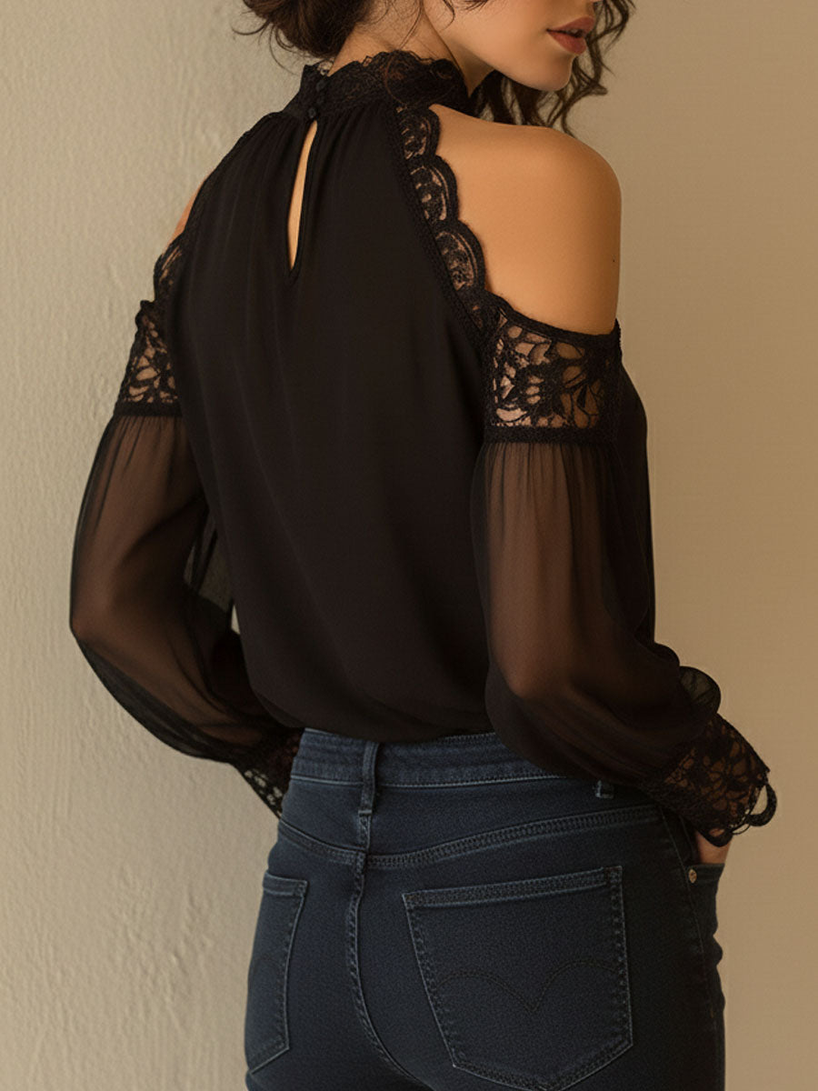 Elegant High Neck Black Chiffon Lace Cold-Shoulder Blouse
