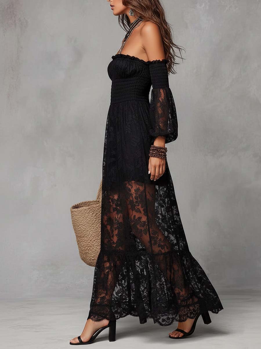 Black Smocked Off-Shoulder Lace Maxi Dress