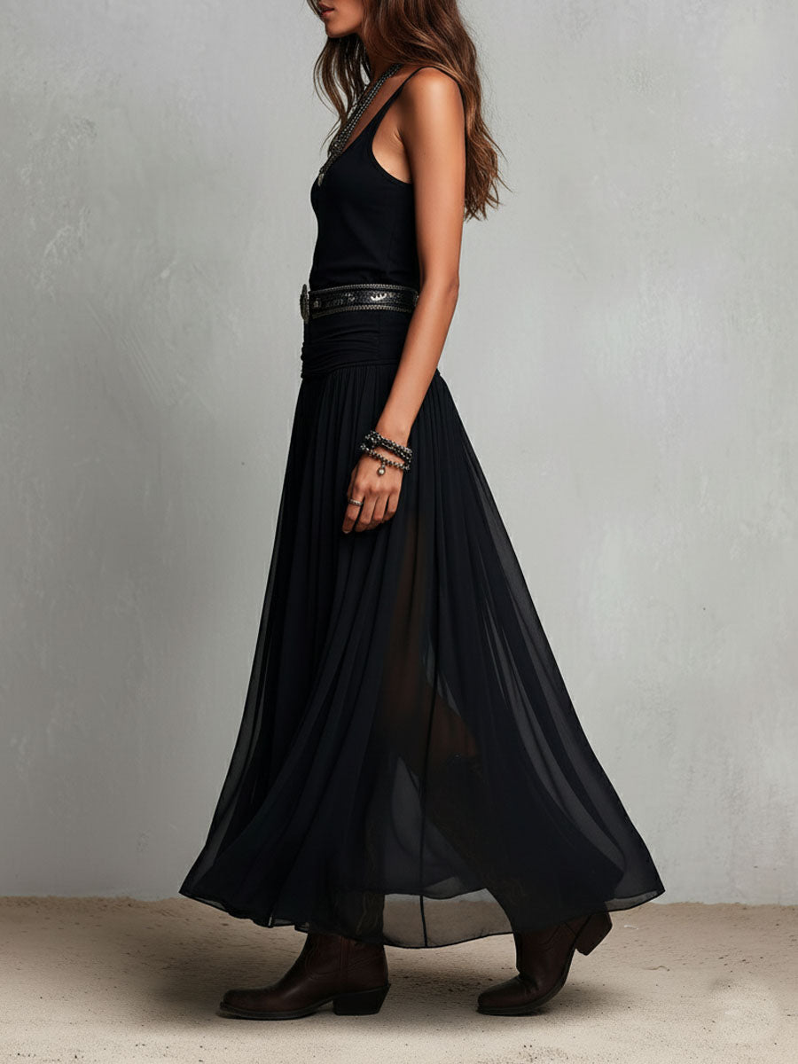 Boho Western Black  Stretchy Maxi  Dress With Sheer Skirt