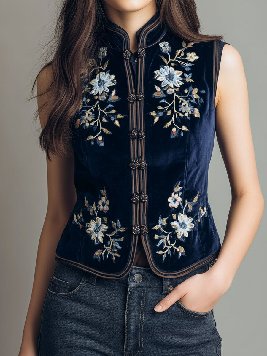 Boho Mandarin Collar Navy Velvet Embroidered Vest