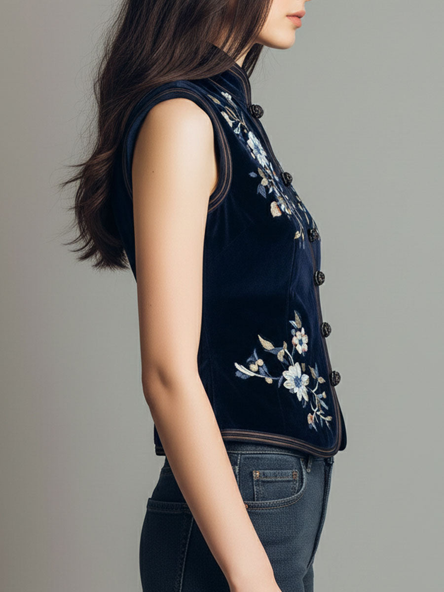 Boho Mandarin Collar Navy Velvet Embroidered Vest