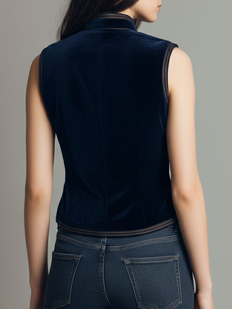 Boho Mandarin Collar Navy Velvet Embroidered Vest