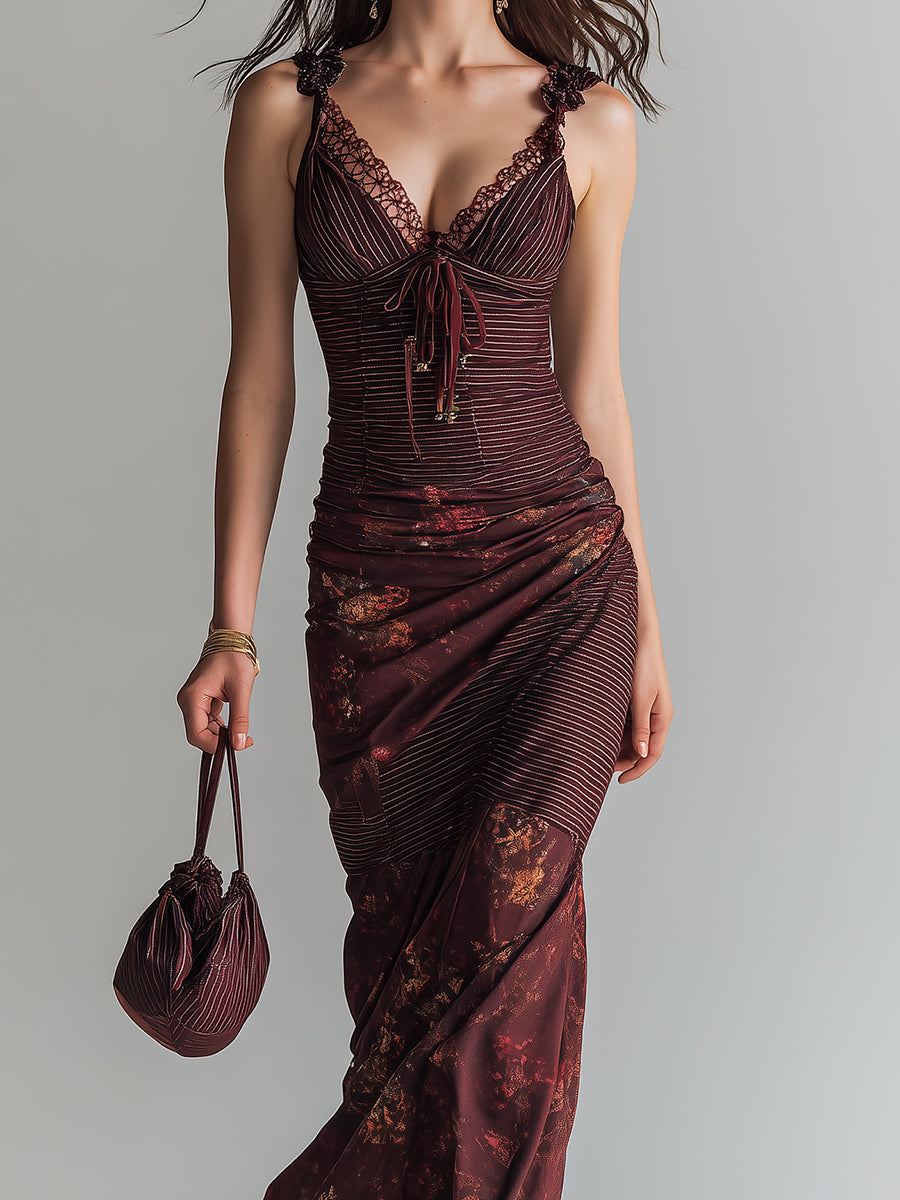 Retro Striped Flower Splicing Suspender Maxi Dress
