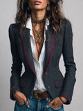 Retro Herringbone Tweed Fitted Blazer with Contrast Trim