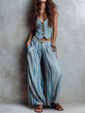 Boho Blue Striped Vest & Wide-Leg Pant Set