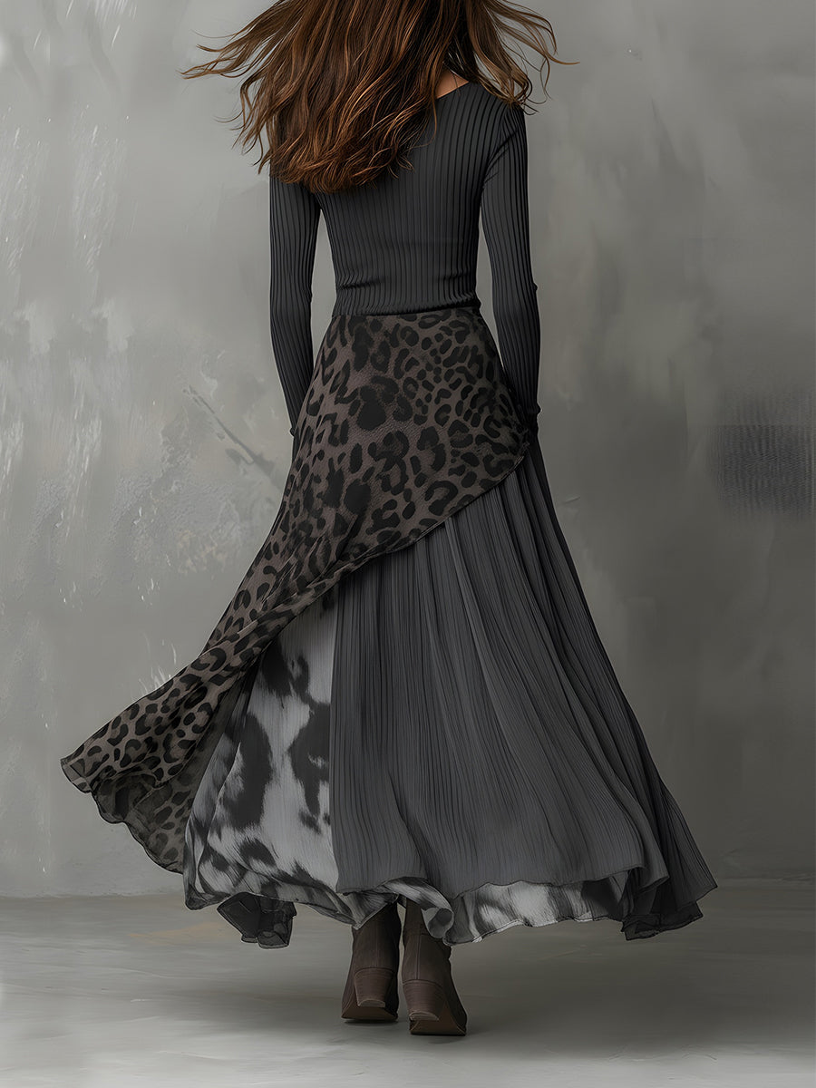 Bohemian Pit Stripe Leopard Print Splicing Irregular Hem Maxi Dress