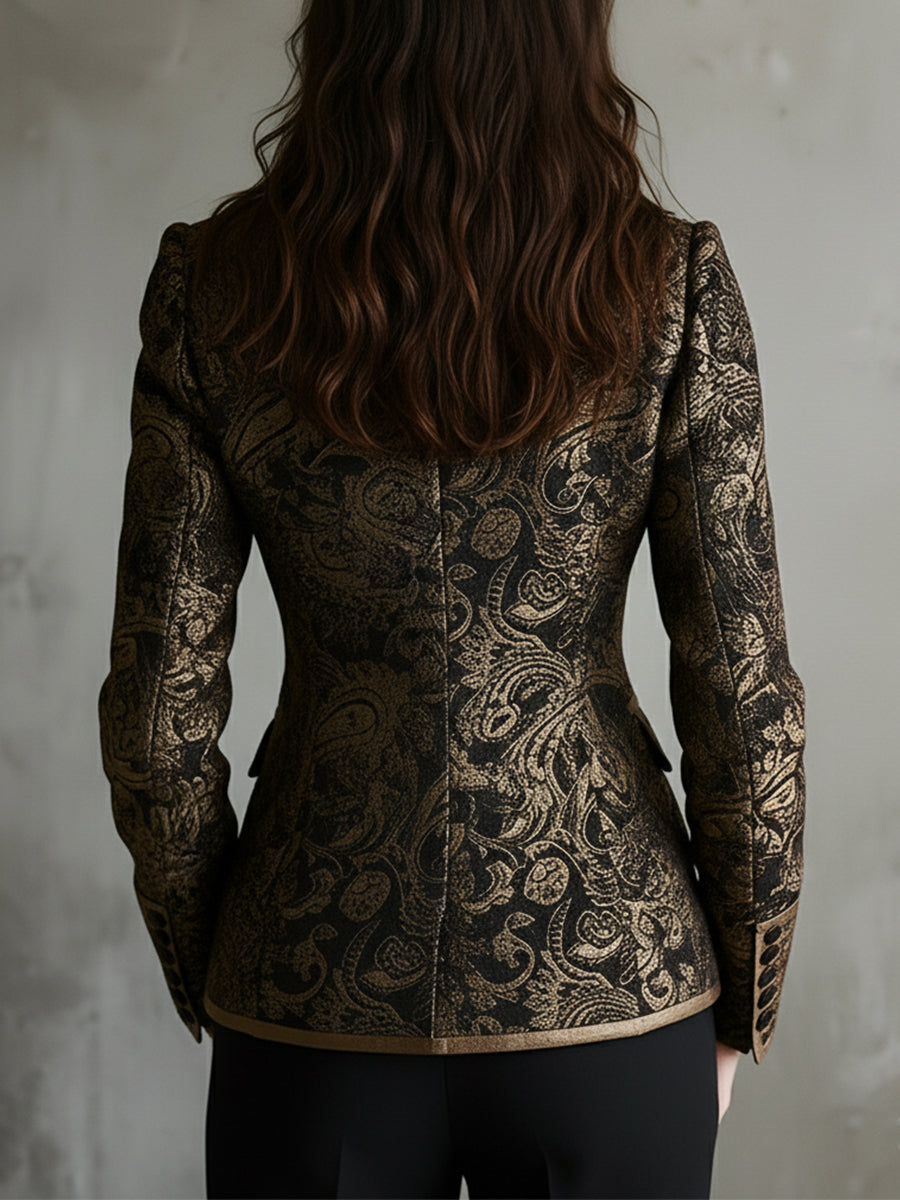 Quiet Luxury Paisley Jacquard Wrapped Lapels Fitted Blazer