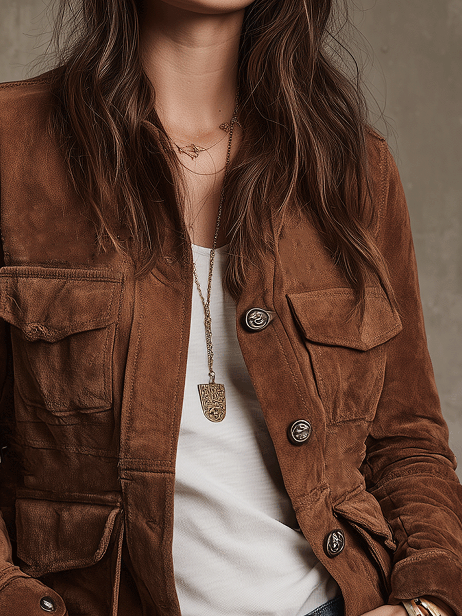Vintage Brown Suede Utility Jacket