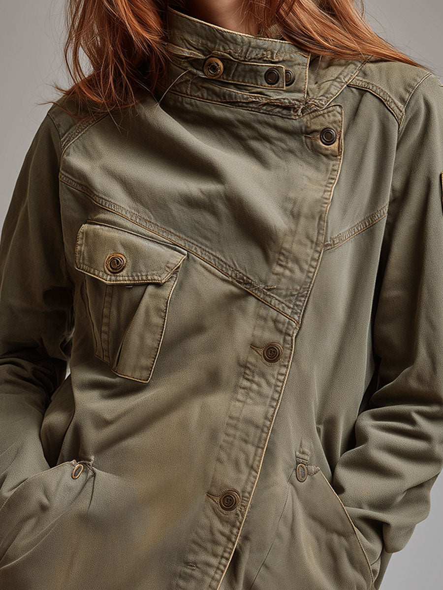 Retro Stand Collar Slanted Placket Pocket Jacket