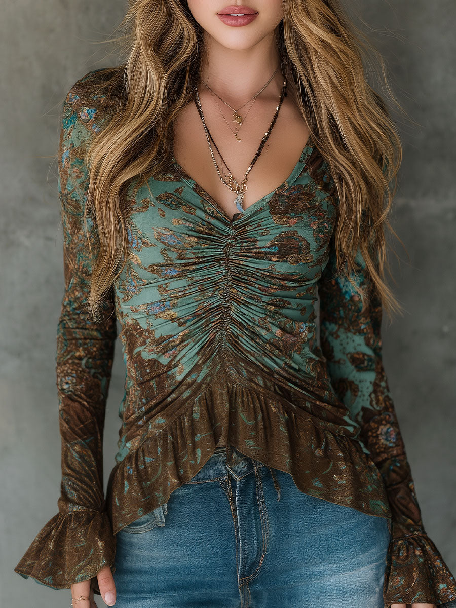 Boho Sage And Bronze Floral Ruched Ruffle Hem Blouse