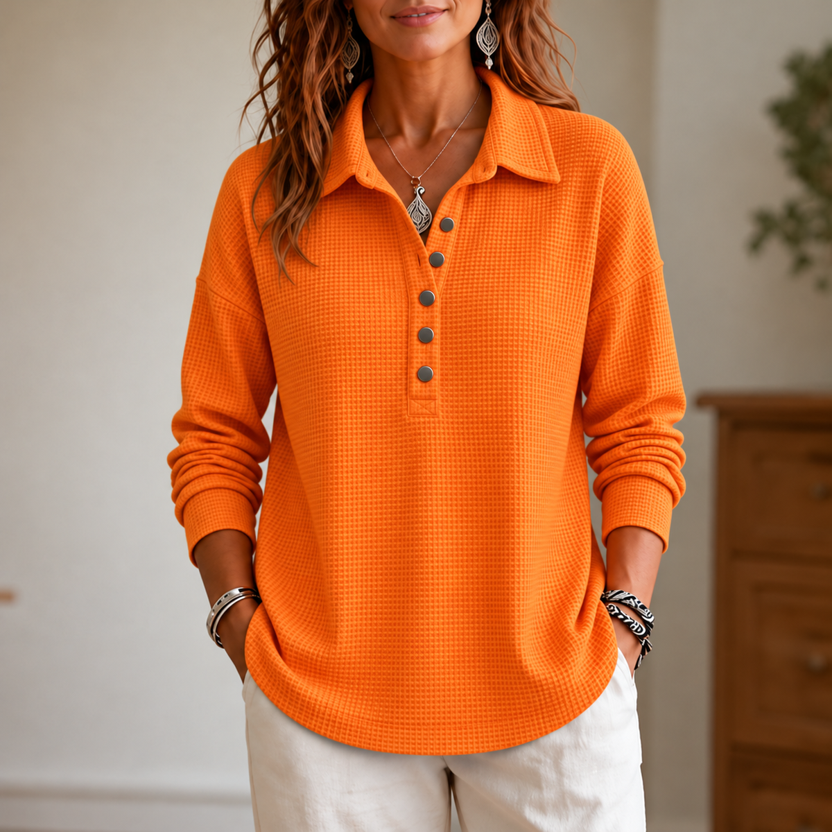 Wearbella – Waffle-Knit Collared Button-Neck Pullover