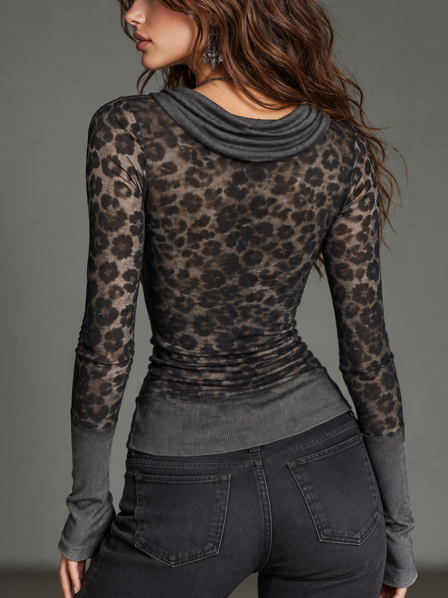 Edgy Charcoal Gray Leopard Cowl Neck Top