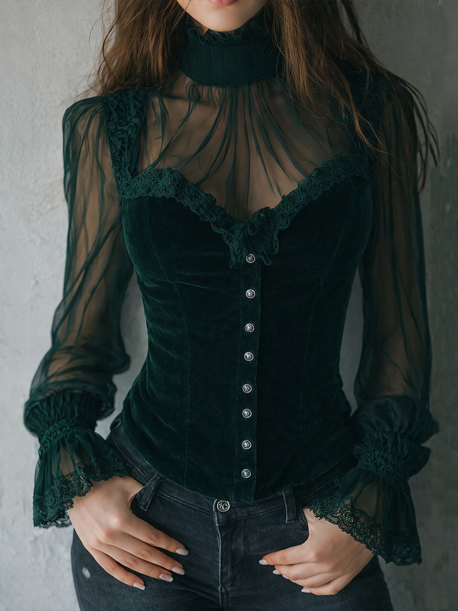 Gothic Lace Trim Black Velvet Corset Blouse With Sheer Sleeves