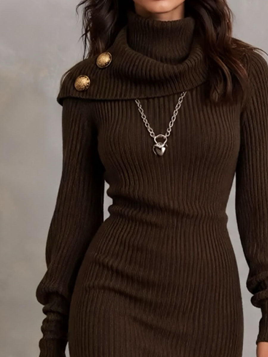 Retro Brown Asymmetrical Turtleneck Knit Bodycon Dress