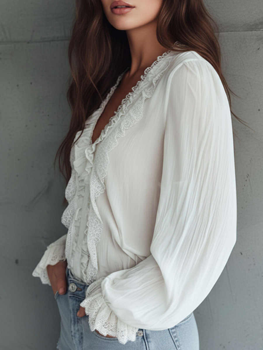 Vintage Victorian V-Neck Ruffle Lace Blouse