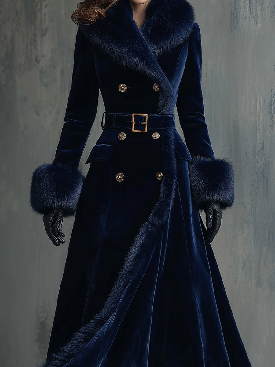 Elegant Mid-length Velvet Coat With Faux Fur Collar