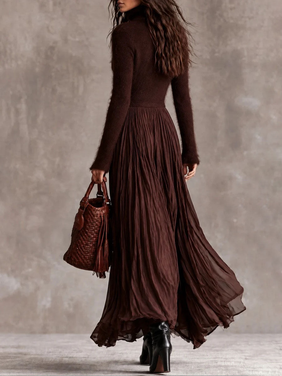 Boho Chocolate Brown Fuzzy Turtleneck Knit Maxi Dress With Pleated Chiffon Skirt