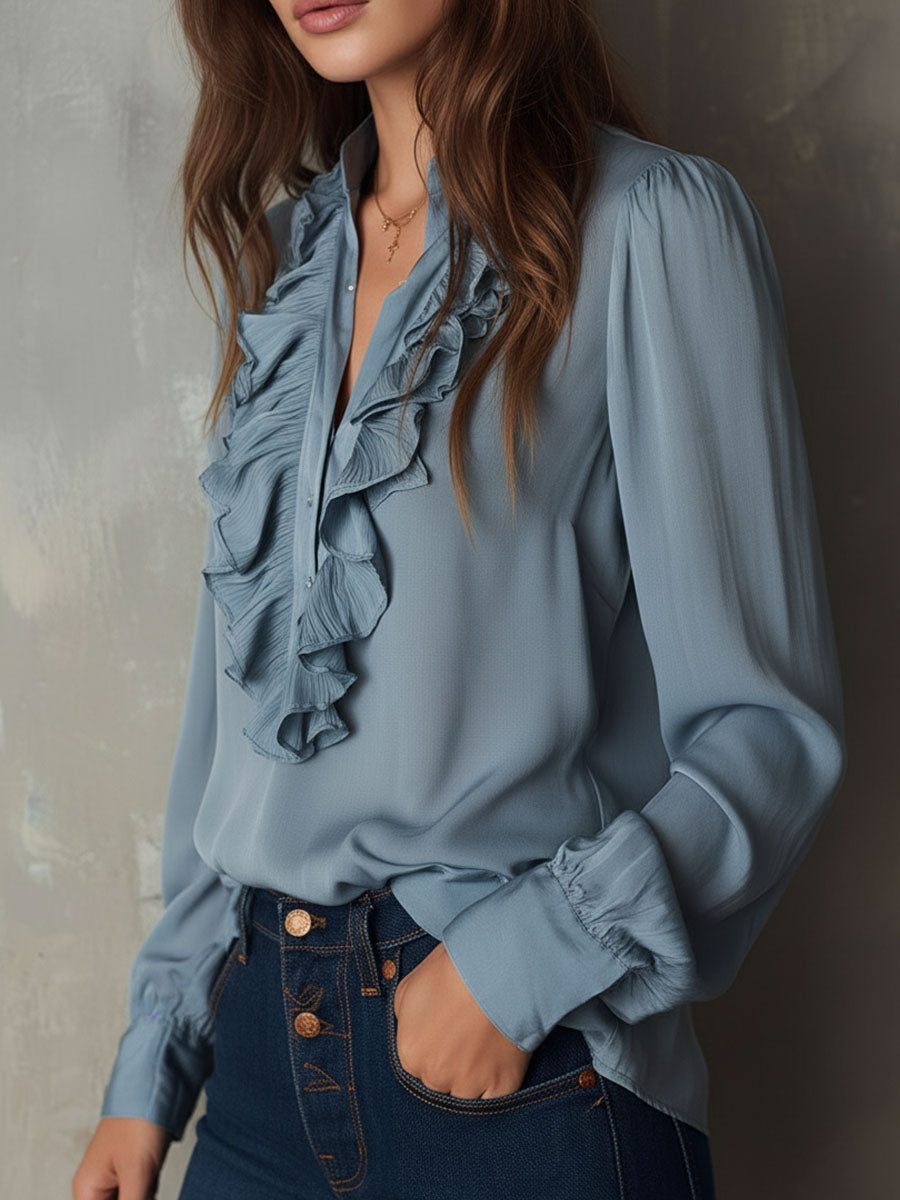 Dusty Blue Ruffle Front V-Neck Button Chiffon Blouse