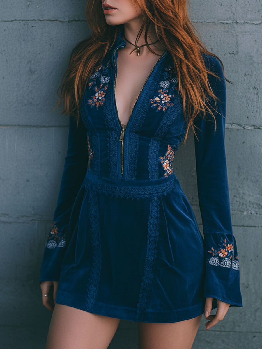 Boho Blue Velvet Zipper Front Lace Trim Embroidered Mini Dress