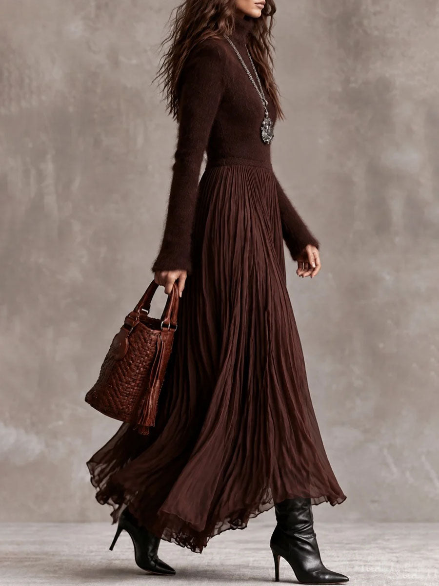 Boho Chocolate Brown Fuzzy Turtleneck Knit Maxi Dress With Pleated Chiffon Skirt